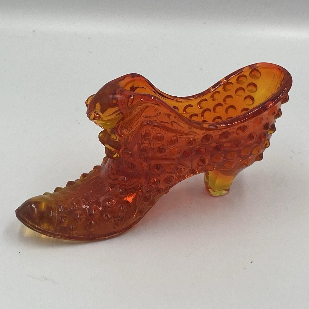 Vintage Fenton Art Glass Amberina Orange Hobnail Cat Head Boot Slipper Shoe
